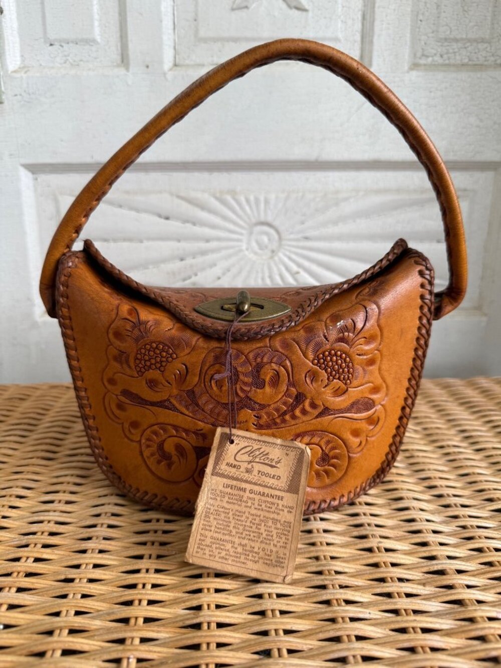 Vintage 1950s Clifton Hand Tooled Leather Western Boho Top Handle Purse